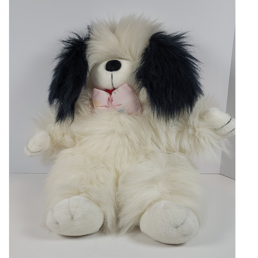 Vintage White Shaggy Dog Plush Black Ears Pink Bow Stuffed Animal 1983 Korea